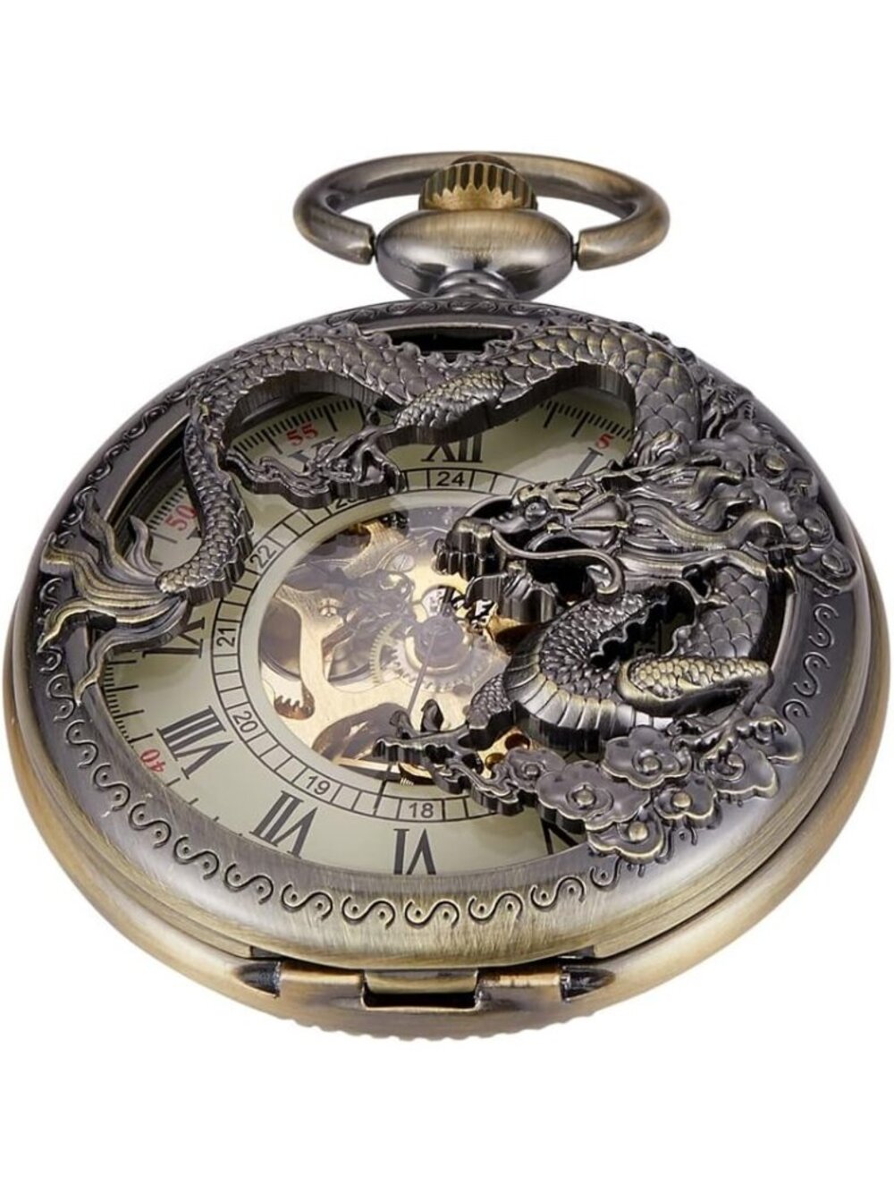 Men's Black Bronze Dragon Skeleton Roman Numerals Hollow Mechanical Pocket Watch